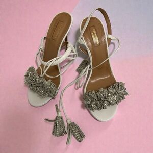 Aquazzura White Crystal Tassel Strappy Open Toe Heeled Sandals Size 37.5